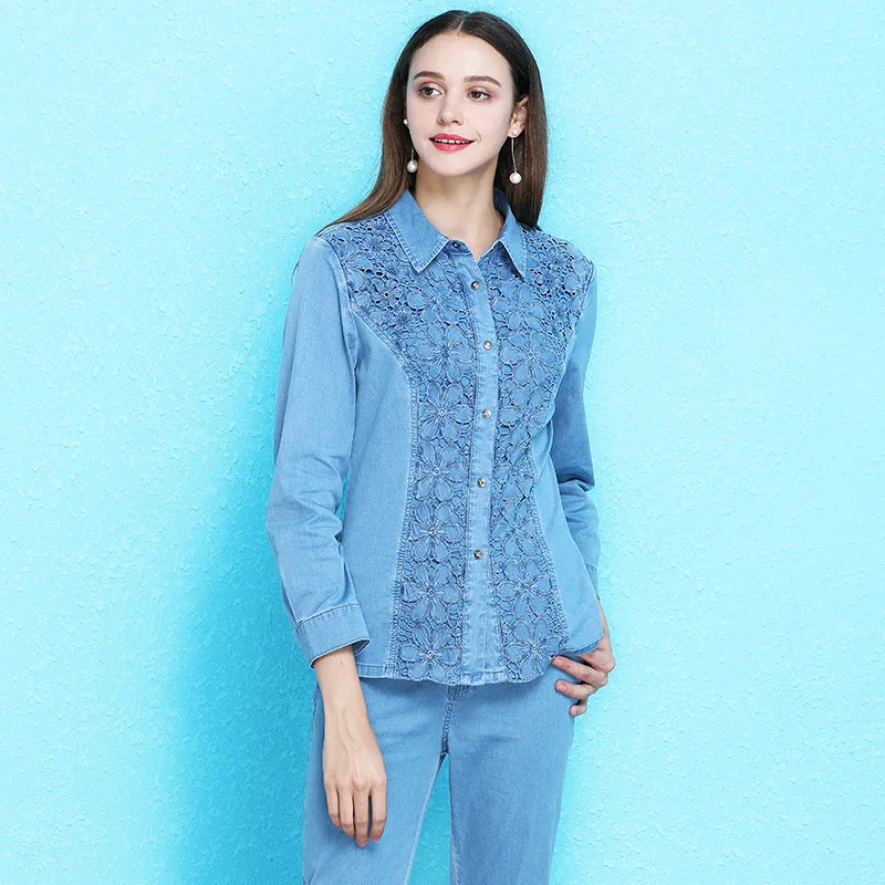 Women's fashion hollow out shirt women summer 2019 new arrival fashion embroidery lace blouse women denim blouse NW19B6139