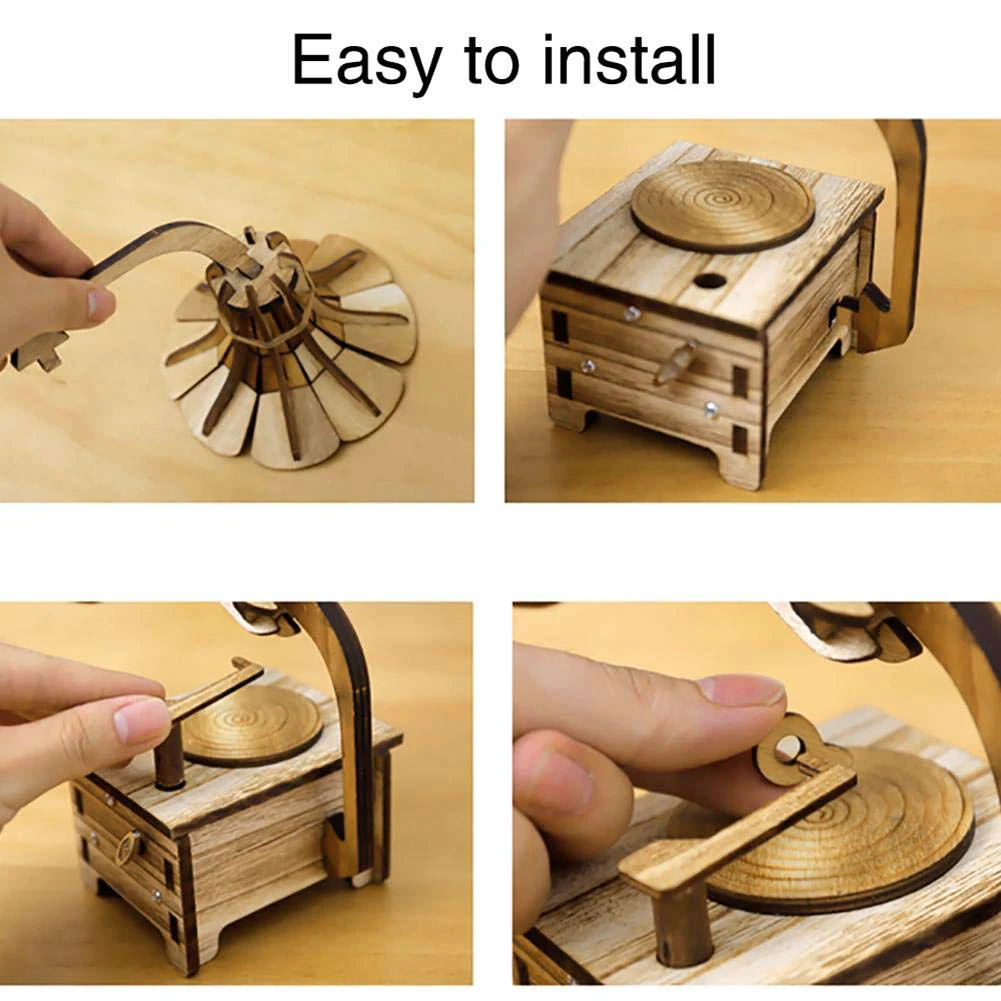 Мини Деревянный фонограф DIY Музыкальная Коробка Форма 3D деревянная головоломка