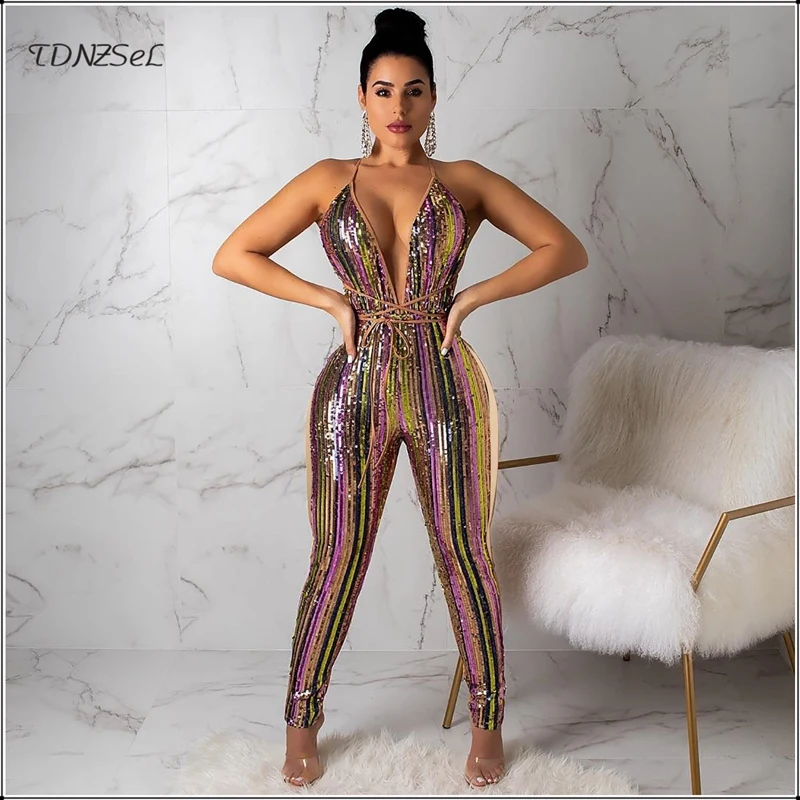 

Women Sexy Sequined Spaghetti Strap Skinny Jumpsuit Backless Deep V Glitter Leggings Shiny Romper Nightclub Party Dance Overalls