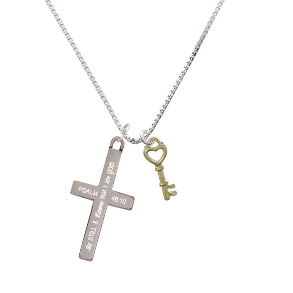 Open Gold-colored Tone Heart Key - Be Still And Know Cross Necklace | Украшения и аксессуары