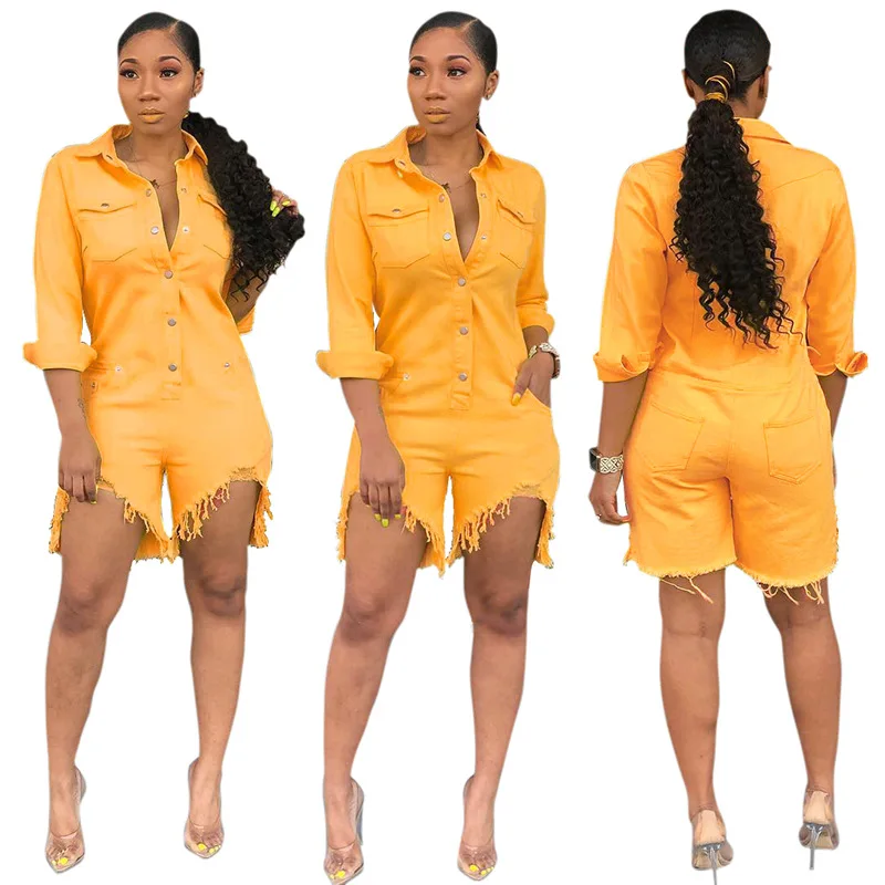 Женский джинсовый Ромпер комбинезон с отложным воротником и модель SMR9237