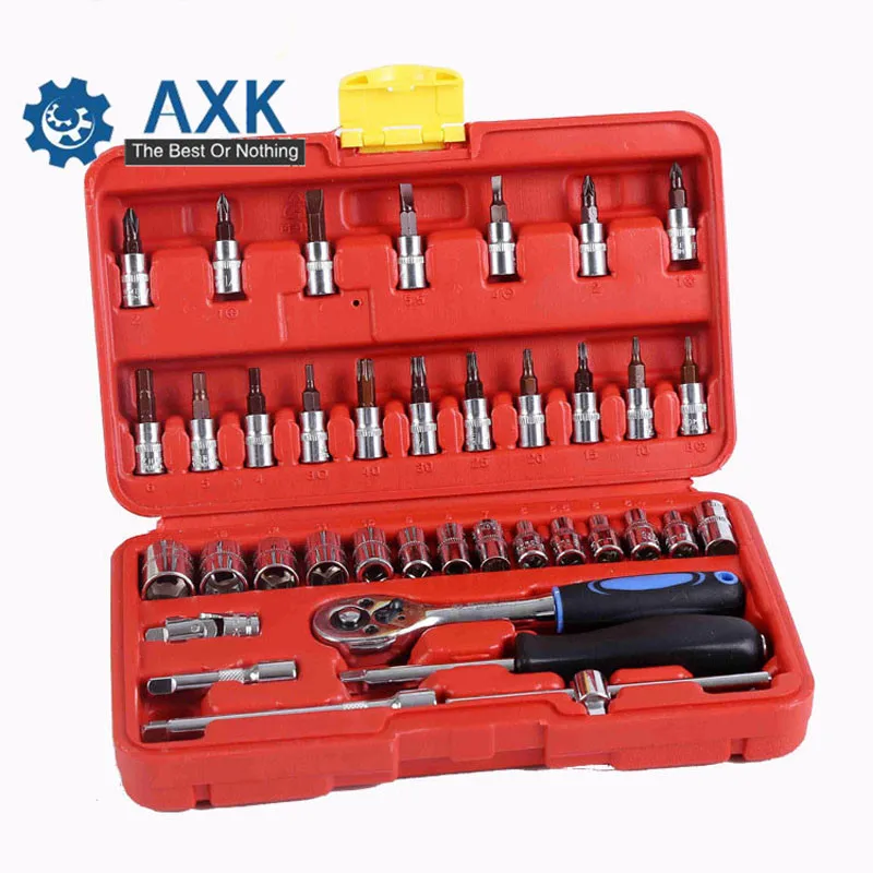 Socket Set Ratchet Combination Bit Car Repair Tool Torque Wrench 38pcs 1/4-inch Handle Stainless Steel A Of Keys Chrome