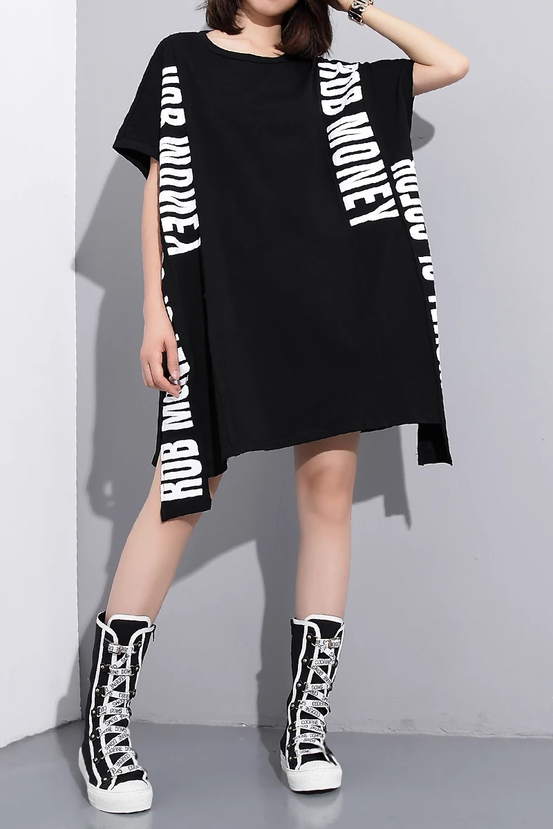 

QING MO Women Letter Ribbon Dress Black White Women O Neck Short Sleeve Dress Women Summer Knee-Length Dress Plus Size ZQY403