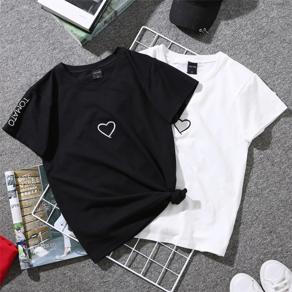 Women's Summer Black White Short Sleeve T-Shirts 2019 Simple Casual Couple Heart O-Neck Tops Girls Female Tee Shirt Size S-2XL | Женская