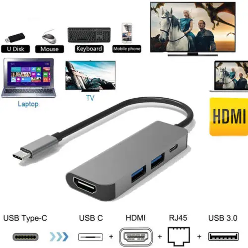 4в1 Тип C концентратор к HDMI 4K 2USB 3 0 и PD порт для зарядки USB многопортовый
