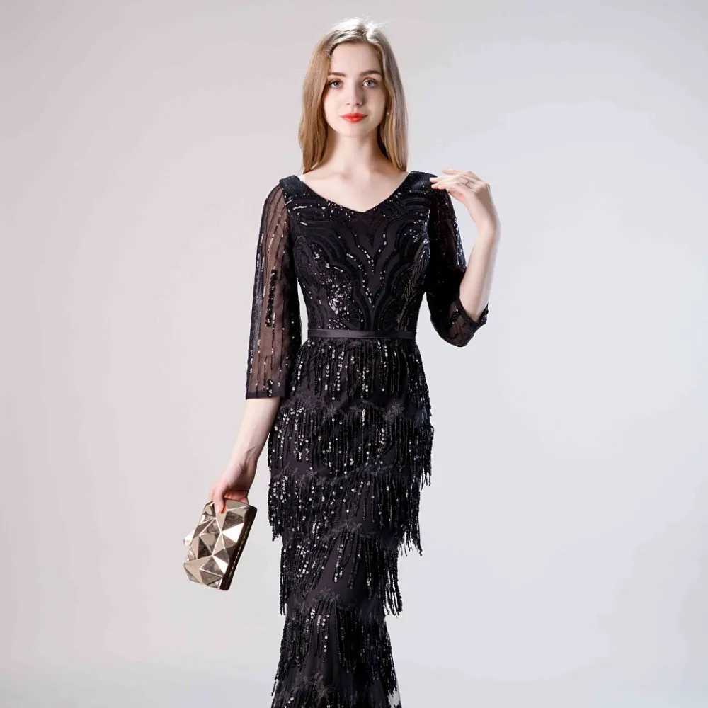 Винтажное черное платье с блестками и двойным треугольным вырезом Vivian's Bridal