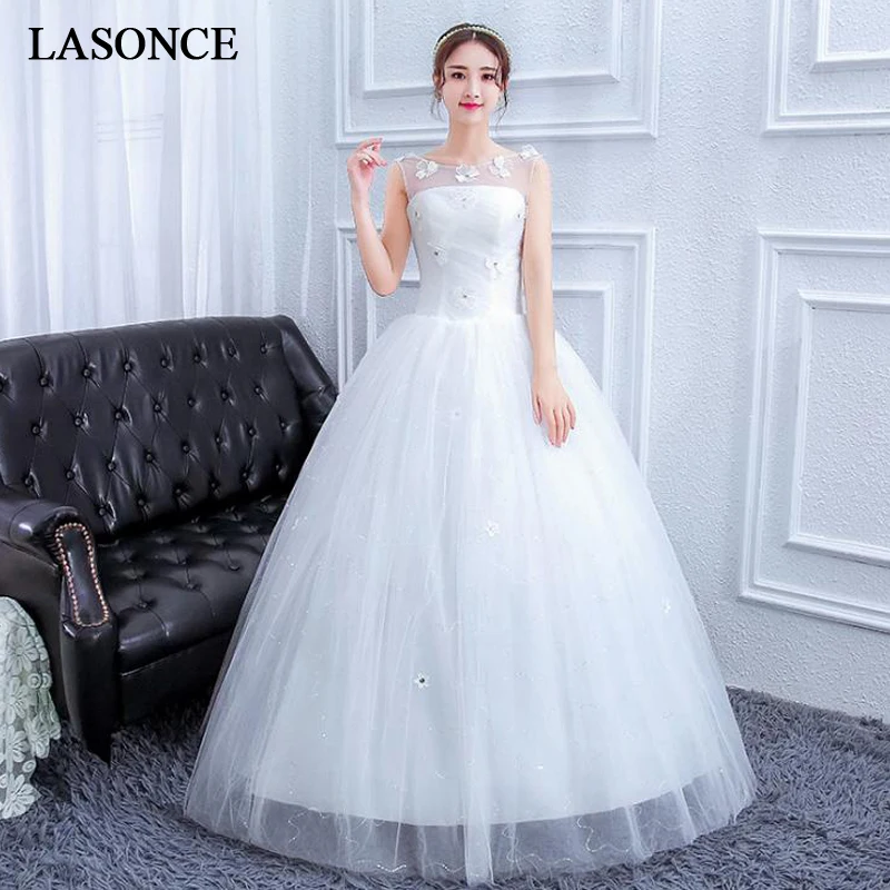 LASONCE Lace Flowers Appliques Ball Gown Wedding Dresses Illusion Crystal O Neck Sequined Backless Bridal Dress | Свадьбы и