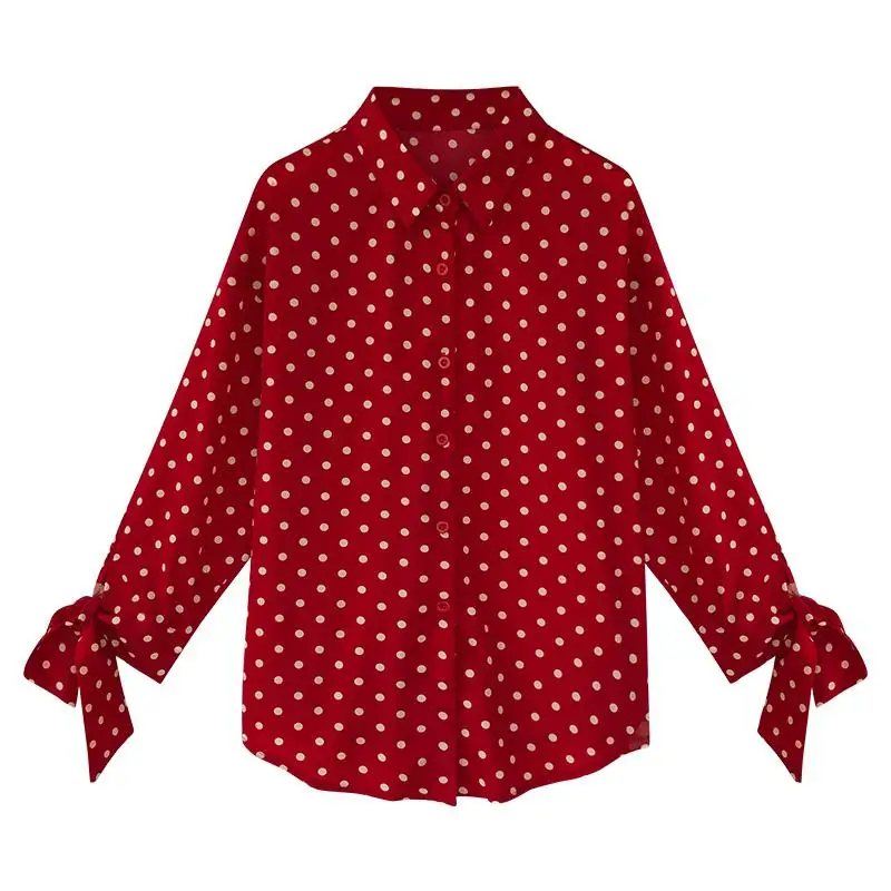 

MISSKY M-4XL Plus Size Tops Women Blouses Polt Dot Shirts Femme Bow Long Sleeve Chiffon Blouse 2019 Autumn Blusas Mujer Camisa