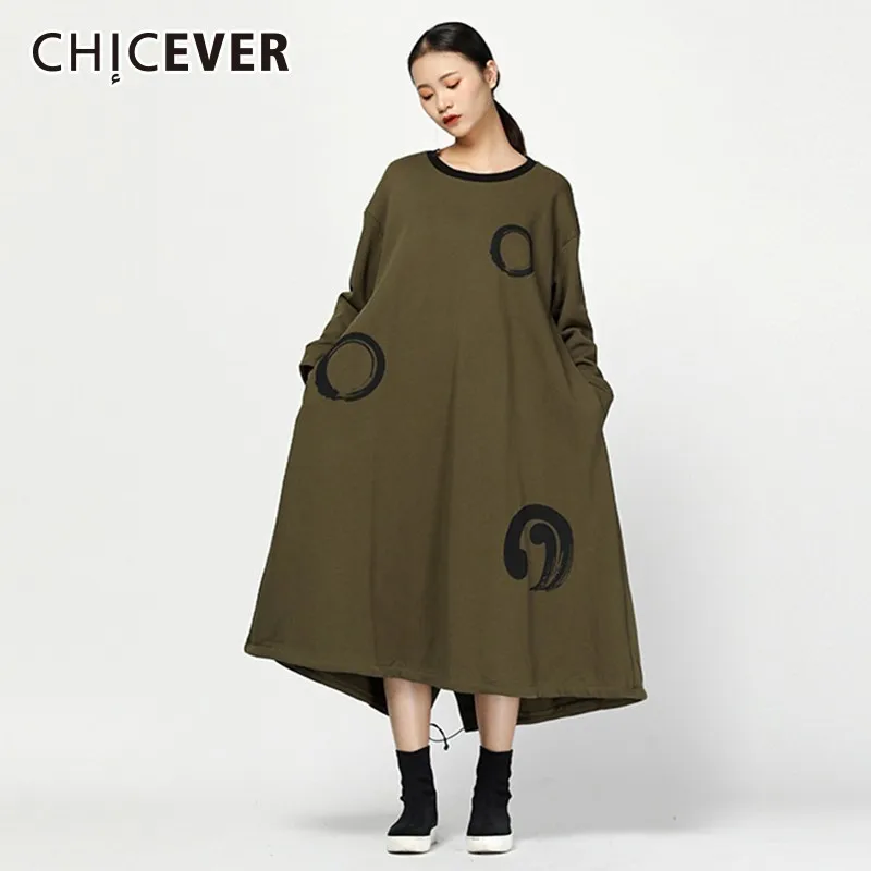 Женское платье в горошек CHICEVER свободное с круглым вырезом длинным рукавом и