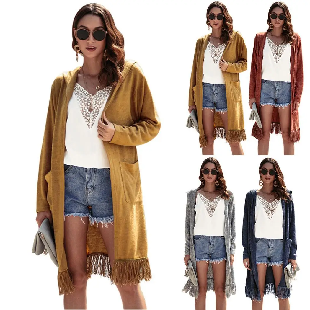 Women Fashion Casual Solid Tassels Hooded Tassel Pocket Cardigan Coat Winter Outwear Spring/Autumn/Winter |