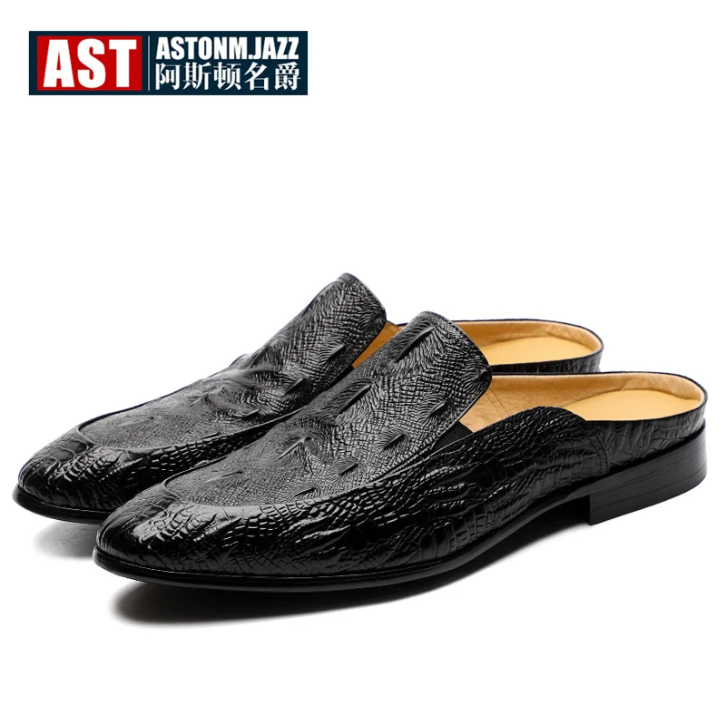 US6-11 Full Grain Leather Casual SLIP-ON New Men Penny Loafer Crocodile Pattern Mules Open Back Slippers Designer Shoes | Обувь