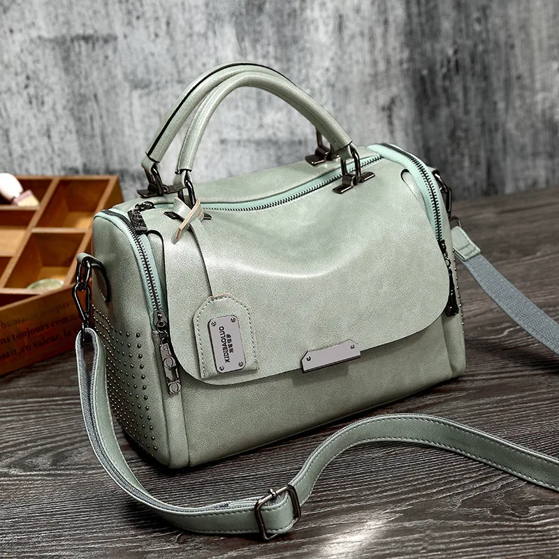

Винтажные Роскошные сумочки из натуральной кожи Boston, дизайнерская сумка на плечо, женские сумки-мессенджеры с заклепками, тоут, 2019