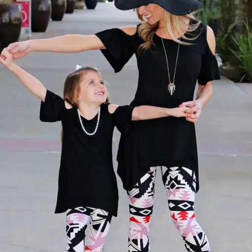 New Summer Family Matching Tops Clothing Mother Mom Parent-Child Daughter Girls Short Sleeve Shoulder T-shirt Match Outfits | Мать и