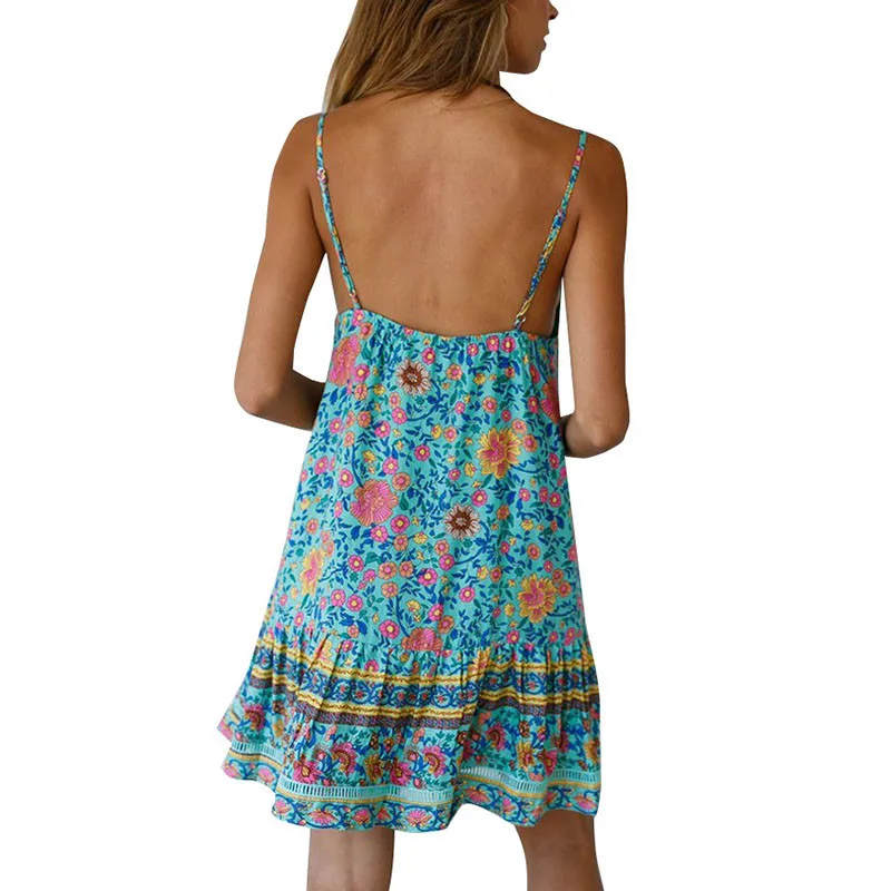 Женское бохо платье 2019 Спагетти ремень открытая спина пляжный костюм с цветочным