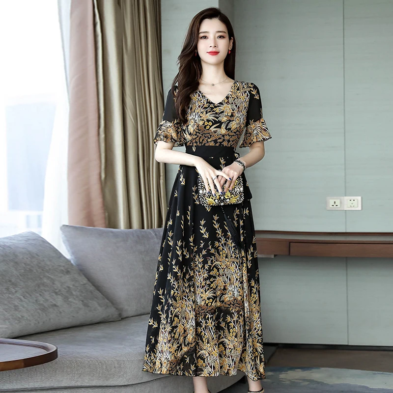 Женское длинное шифоновое платье Boho пляжное с круглым вырезом большие размеры