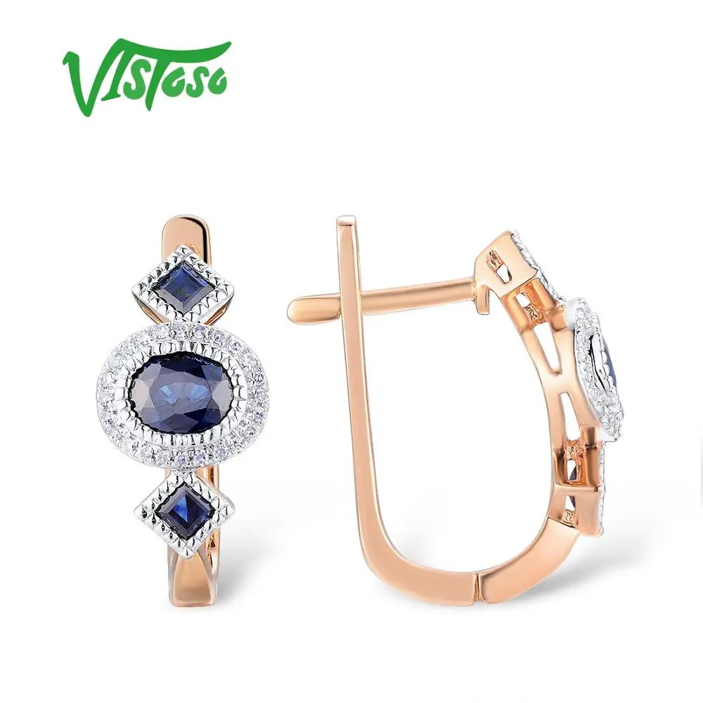 VISTOSO золотые серьги для женщин 14K 585 розовое золото сверкающий синий сапфир