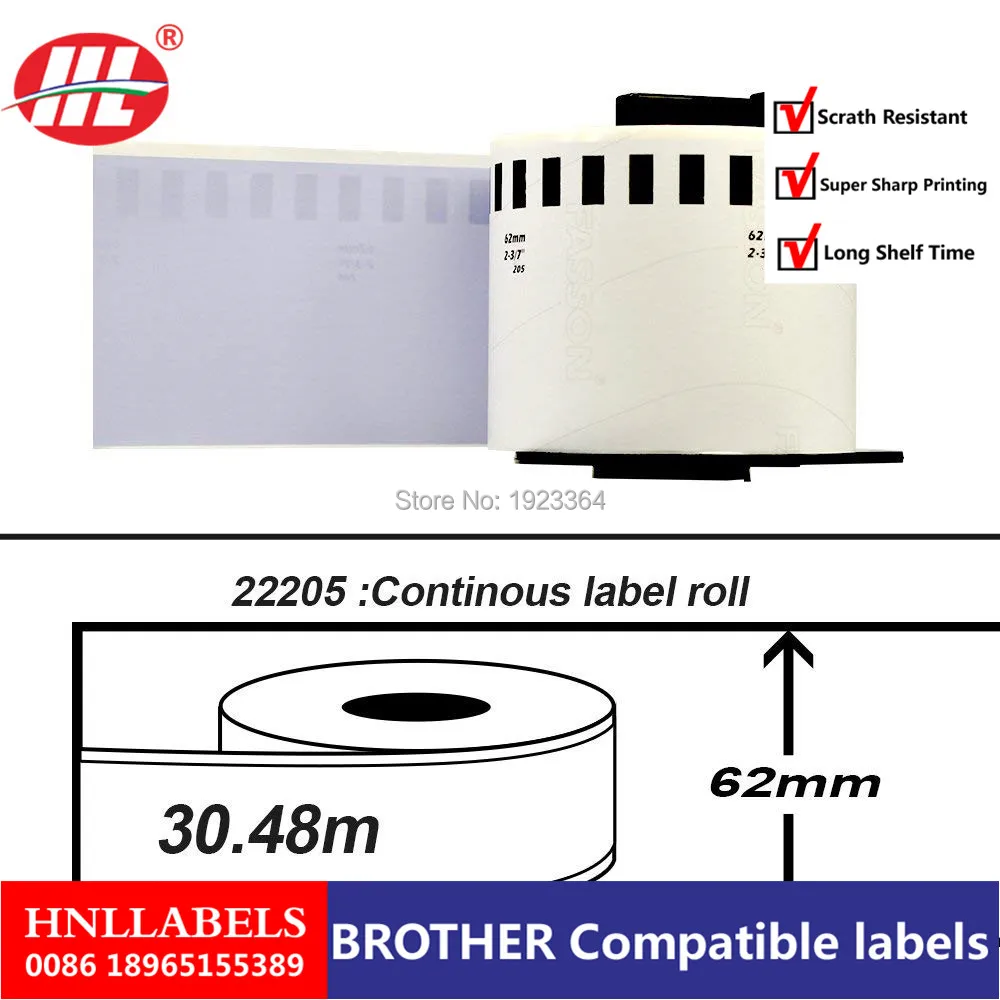 

100X Rolls Brother DK 22205 DK-22205 DK22205 DK2205 DK 2205 DK-2205 Compatible Labels 62mm x 30.48m