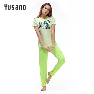 Женская пижама, хлопковая одежда для сна с коротким рукавом и милым сердечком, пижама с бантом и надписью, красный и зеленый цвета (футболка + длинные штаны)