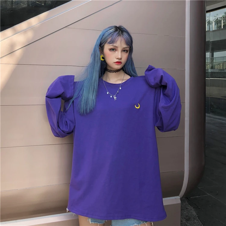 Harajuku/стиль для девочек фиолетовый топ с длинными рукавами футболка вышивкой Луны