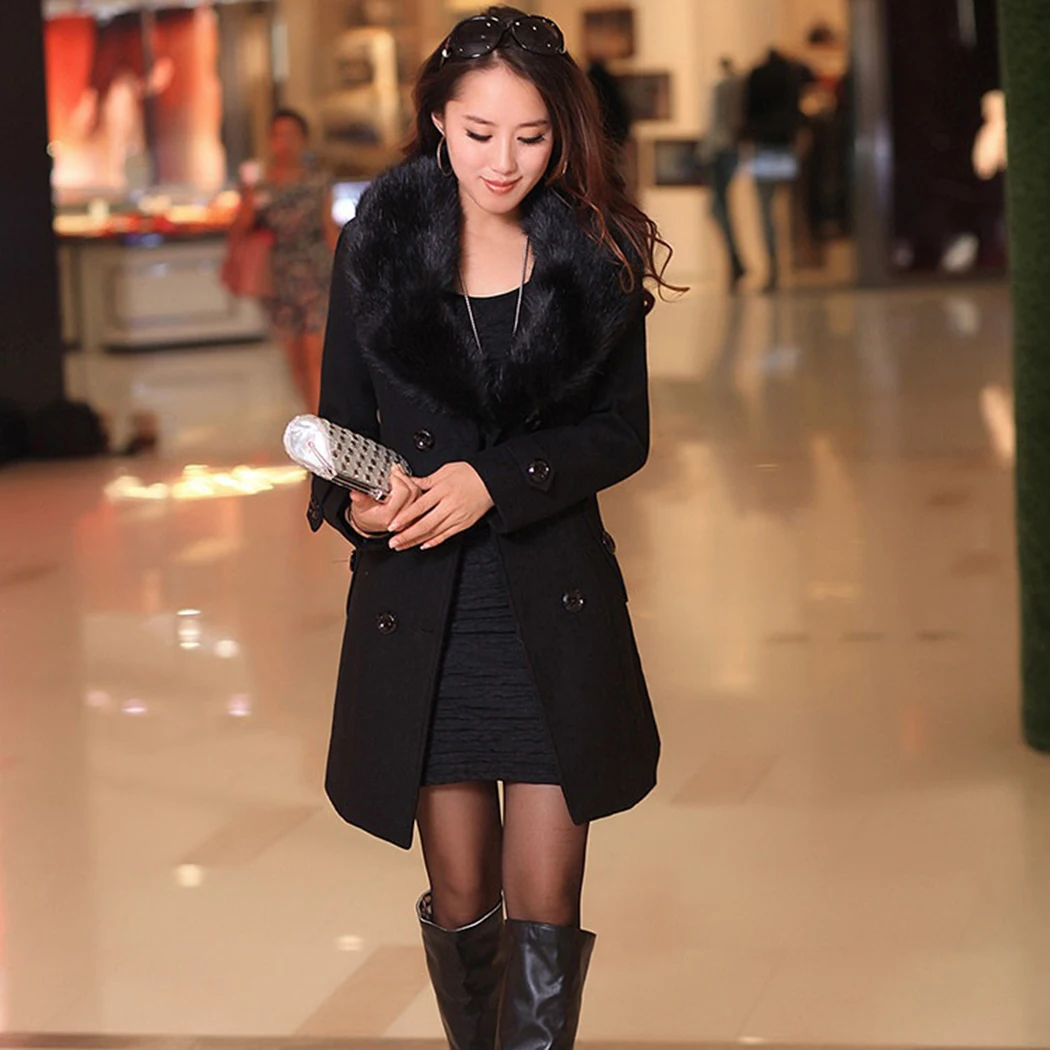 2018 Womens Winter Wool Long Coat Warm Jacket Parkas Faux Fur Collar Fleece Outwear Overcoat Plus Size Adjustable Waist | Женская одежда