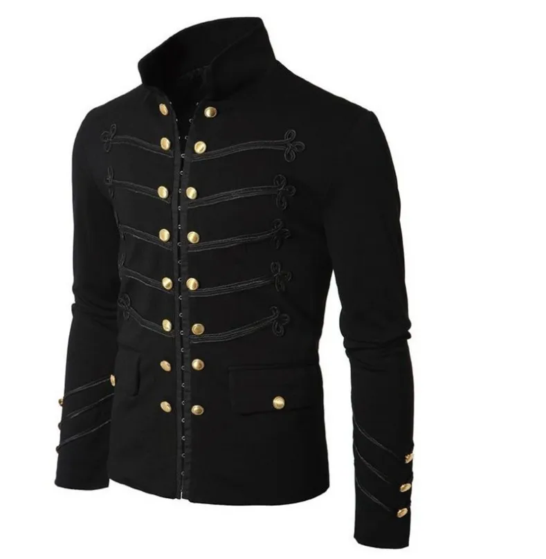 Men Vintage Military Jacket Gothic Military Parade Jacket Embroidered Buttons Solid Color Top Retro Uniform Cardigan Outerwear