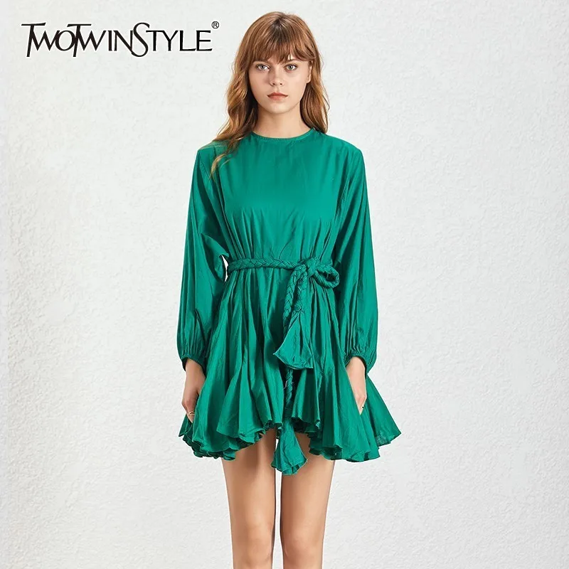 TWOTWINSTYLE весеннее однотонное лоскутное женское платье с круглым вырезом и пышными