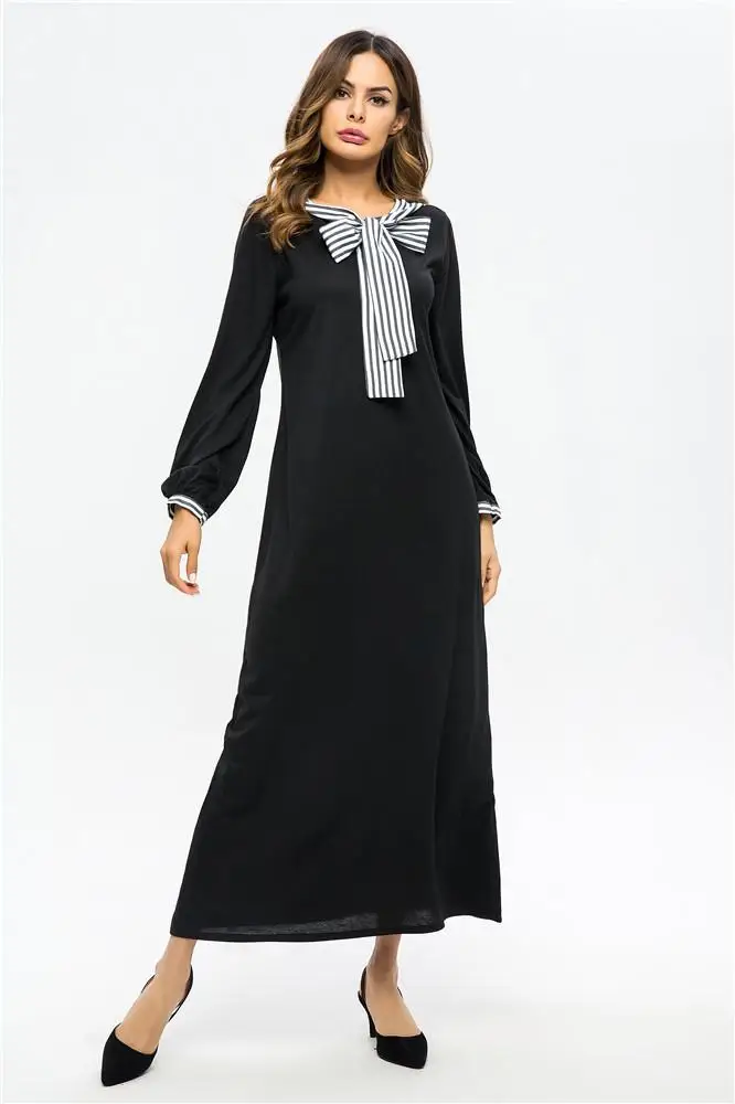 Модное женское Платье макси с длинным рукавом Мусульманский Абая бант воротник
