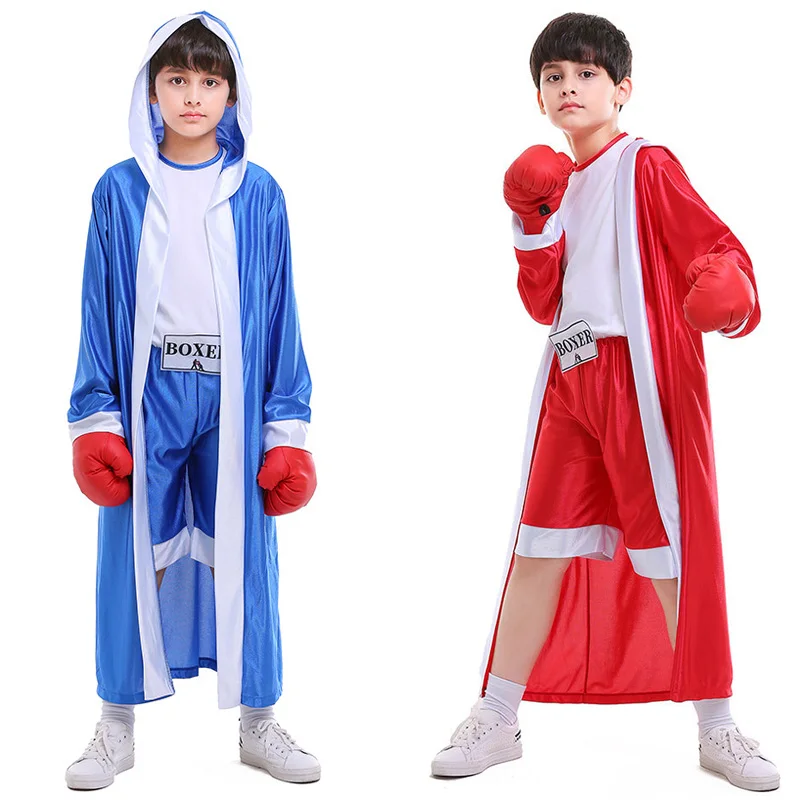 

Size S-XL Boy's Boxer Costume Boxing Suit Uniform Outfit Halloween Book Week Match Blue Red Robe Fancy Dress