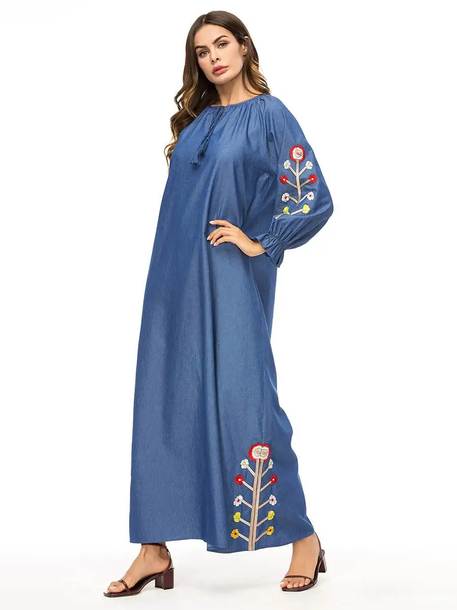 Женские мусульманские длинные платья джинсовые свободные Абая вышивка jilbaw