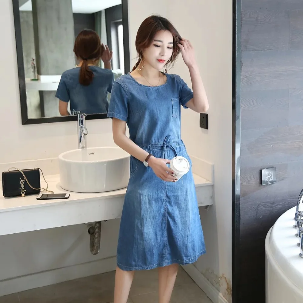 

2020 Summer New Plus Size Women's Clothing, Ladies Lace Up Casual Short Sleeve Washed Denim Dress, Vintage Elegant Jeans Dresses