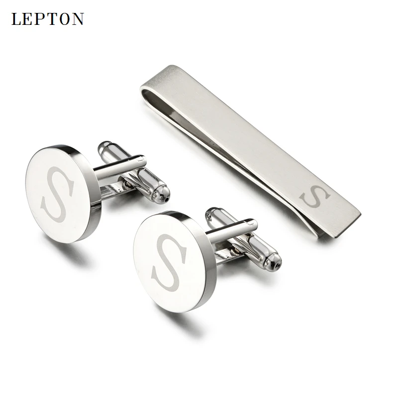 

Lepton Round Laser Letter Cufflinks And Tie Clips Set Letters S Cuff links For Mens French Shirt Cuffs Cufflink Relojes Gemelos