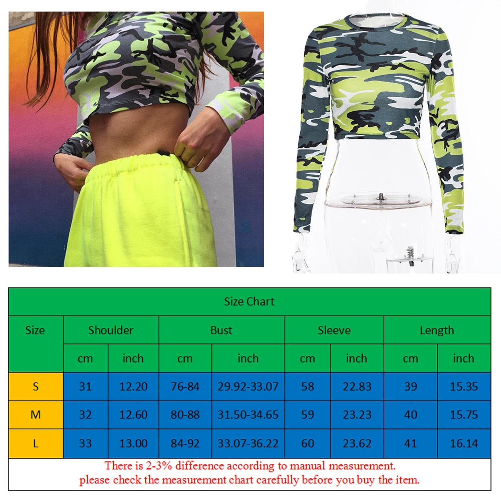Сексуальный укороченный Топ для женщин Camoflage с длинным рукавом Slim Fit Футболка в