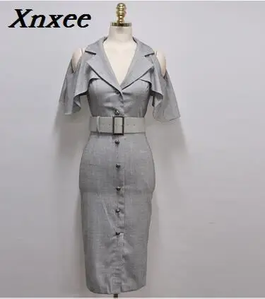 Korean Summer Women Office Xnxee Dress 2020 Fashion Business Gray Off Shoulder Butterfly Sleeve Female Notched Collar Work | Женская