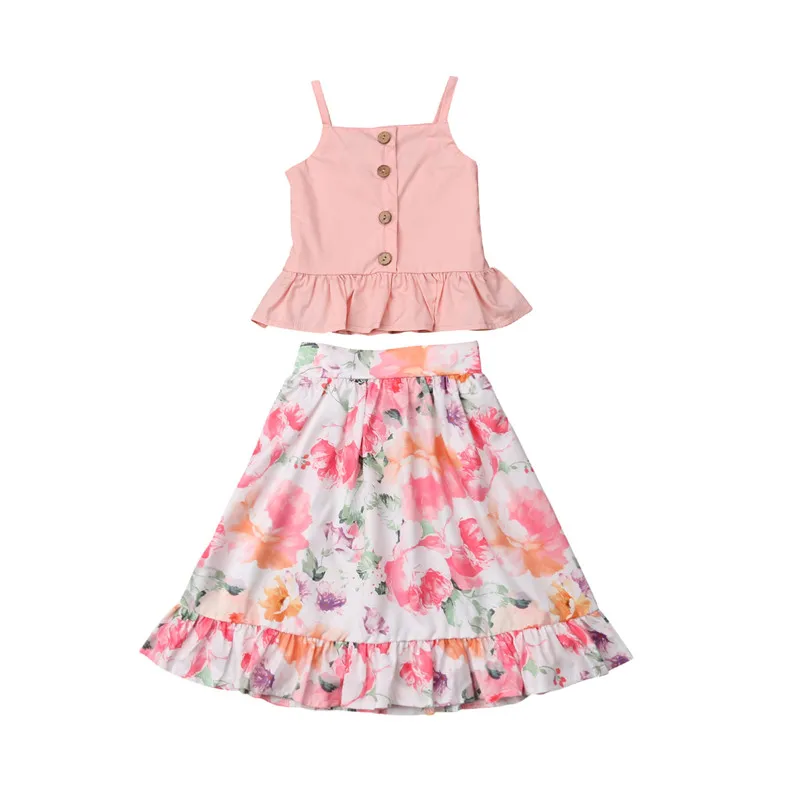 

Summer Toddler Kid Baby Girl Strap Blouse Tops Button Floral Skirt Ruffles Outfits Set Clothes