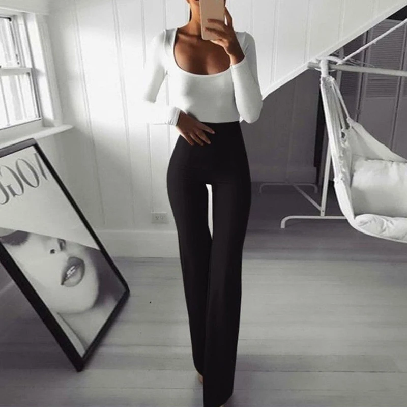 Фото Женские офисные брюки с широкими штанинами расклешенные высокой талией Простые