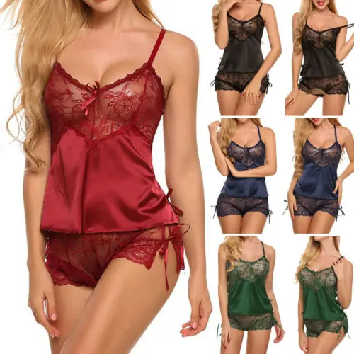 2 шт Сексуальное Женское атласное кружевное нижнее белье Babydoll ночная рубашка