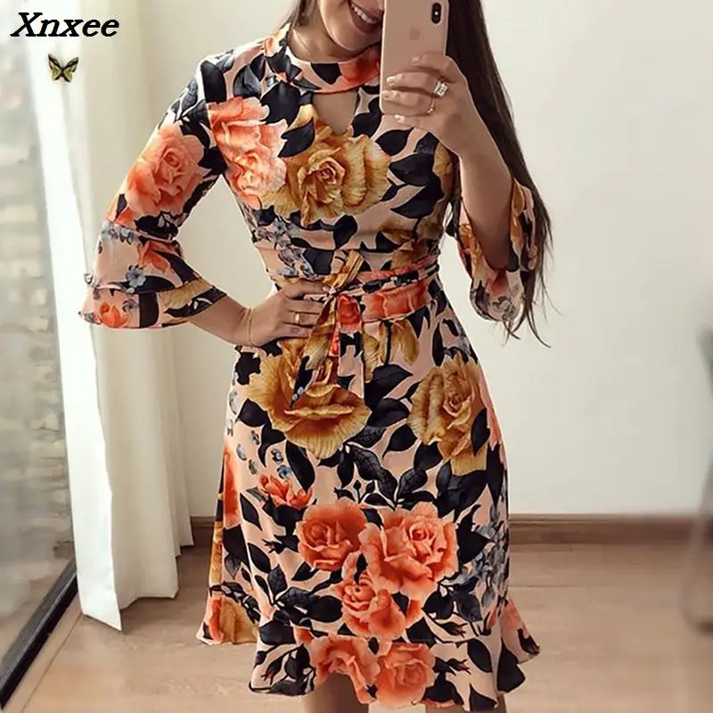 

Women Fashion Elegant Party Dress Summer 2018 Female Floral Print Dresses Cutout Ruffles Flared Sleeve Casual Boho Dress Xnxee