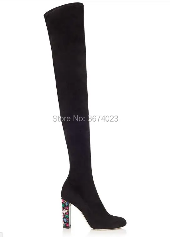 Qianruiti Beige Black Faux Suede Overknee Boots Jeweled Block High Heels Thigh Runway Shoes Women |