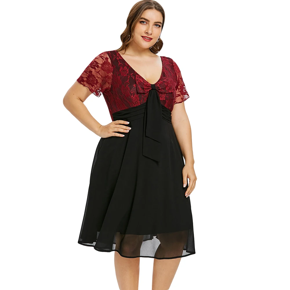 Rosegal Plus Size Dress Bowknot Embellished V Neck Lace Trim Two Tone A-Line Dresses Vintage Party 2018 Vestidos De Fiesta | Женская