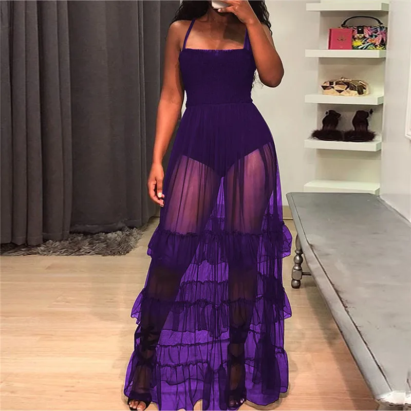 Black Purple Sheer Mesh Maxi Dress Womens Sleeveless Spaghetti Strap Long Ruffle Sexy See Through Summer Beach Dresses | Женская одежда