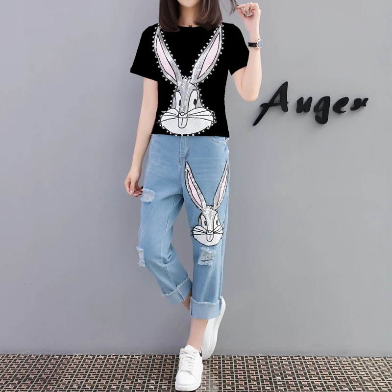 Летние женский комплект 2 шт. расшитые бисером с кроликом блестками футболки +