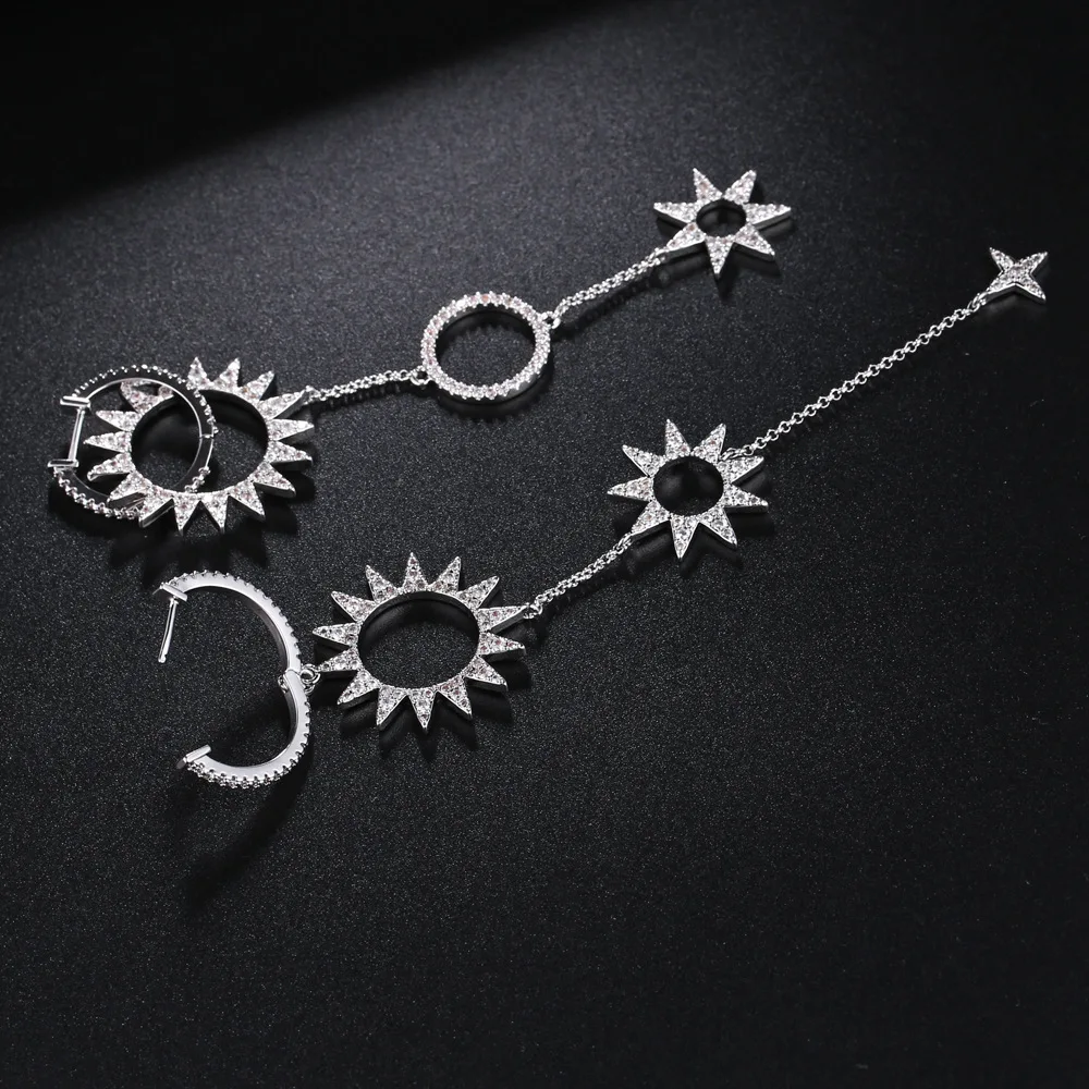 UNGODLY Luxury Sunflower Earrings Cubic Zirconia Star Gear Asymmetry Tassel Earring Set Fashion Gold Color Women Jewelry Gift | Украшения и