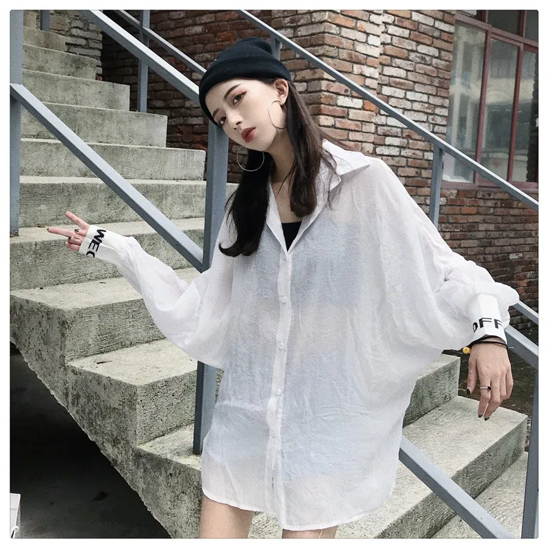 korean fashion new women long sleeve shirts Casual letter chic Button spring autumn hipster tops loose plus size clothes white |