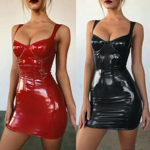 

2019 Women Ladies Solid Skinny Slim Sexy Latex Faux Leather Bodycon Sleeveless Party Cocktail Strappy Clubwear Mini Dresses