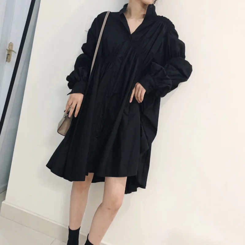 DEAT 2020 new spring fashion women clothing turn-down collar lantern sleeves single breasted asymmetrical cotton dress WD92400 | Женская