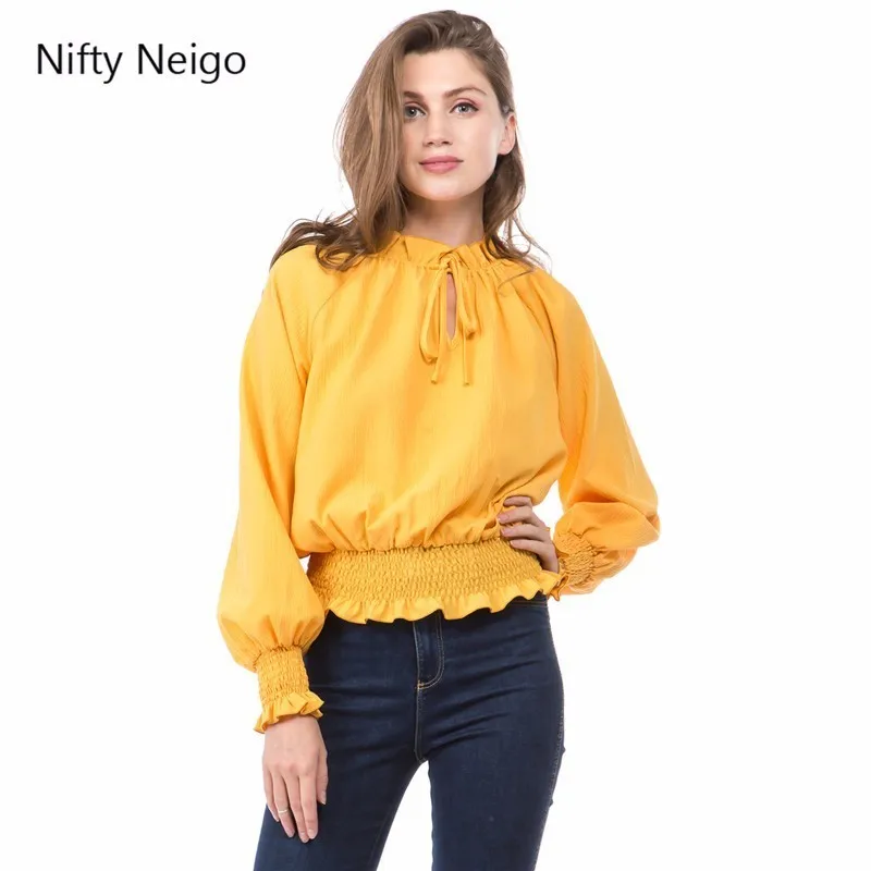 Nifty Neigo Sweet Women Chiffon Blouse Latern Sleeve Lace Up Hollow Out Tops Summer Sexy Casual Blouses |