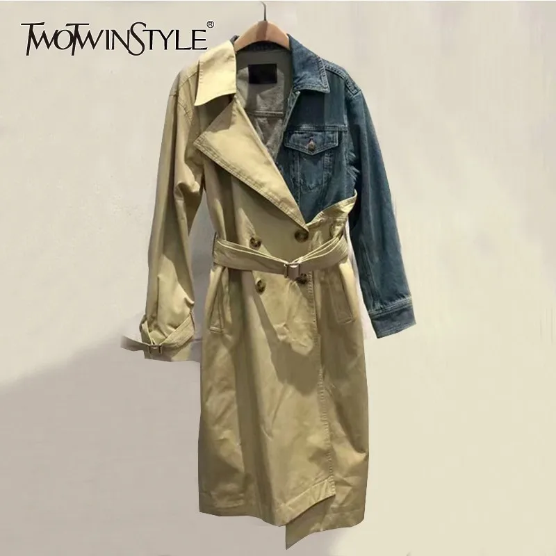 TWOTWINSTYLE лоскутное джинсовый Тренч женский с длинным рукавом бинты хит цвета