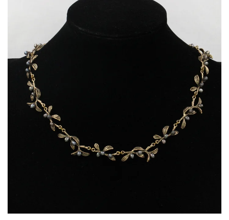 

Free shipping leaves pearl necklace copper necklace