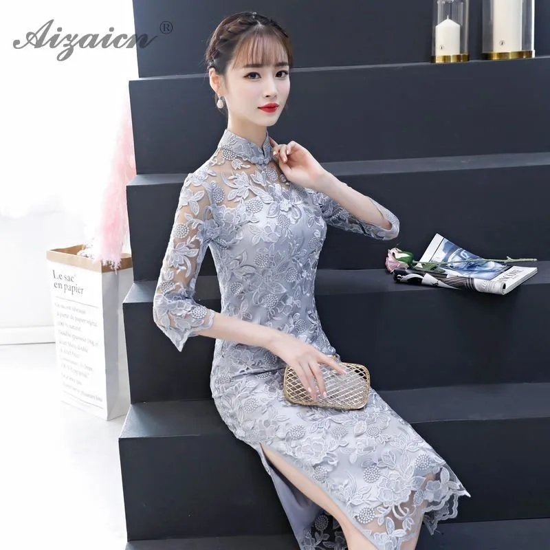 Летнее Новое Кружевное платье Cheongsam с вышивкой современное сексуальное Qi Pao