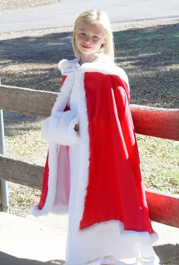 

Childs Red Hooded Cloak Bridal Cape with Faux Fur Trim Fur Wrap Bridal Wraps Jacket